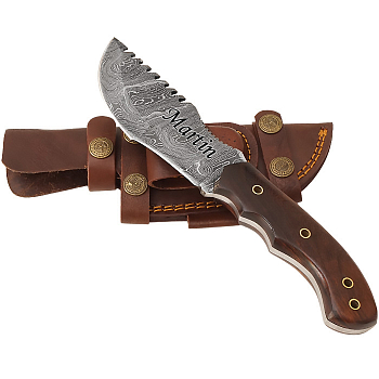 Exkluzivní nůž z damascénské oceli a fixní čepelí a rukojetí z palisandrového dřeva Tracker se zuby