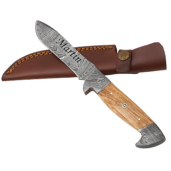 Exkluzivní nůž z damascénské oceli a fixní čepelí olivové dřevo a okrasný pin