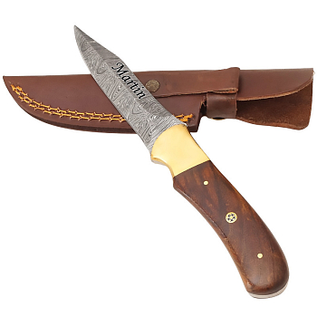 Exkluzivní nůž z damascénské oceli a fixní čepelí palisandrové dřevo s mosazí a okrasný pin