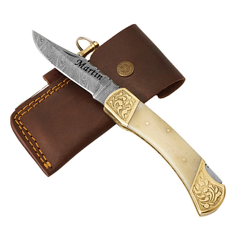 Exkluzivní nůž z damascénské oceli s mosaznou rukojetí a kostí z velblouda