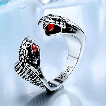 Luxusní ocelový prsten Snake s rudými kameny