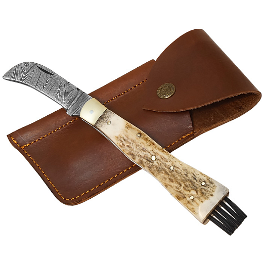 Exkluzivní houbařský nůž z damascénské oceli a rukojetí z paroží jelena
