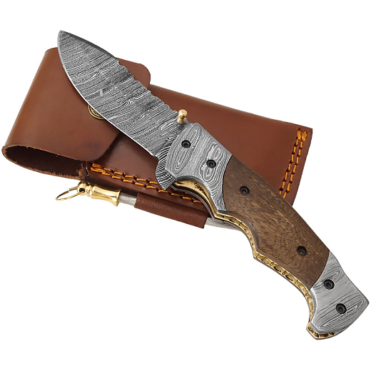 Exkluzivní nůž z damascénské oceli a damascénskou rukojetí vykládanou dřevem