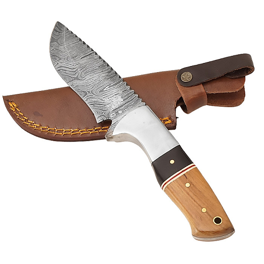 Exkluzivní nůž z damascénské oceli a fixní čepelí z rukojetí z ebenového a olivového dřeva