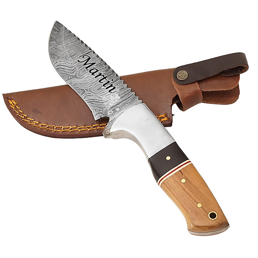 Exkluzivní nůž z damascénské oceli a fixní čepelí z rukojetí z ebenového a olivového dřeva