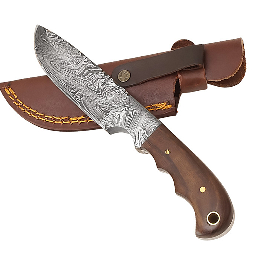 Exkluzivní nůž z damascénské oceli a fixní čepelí a rukojetí z ořechového dřeva