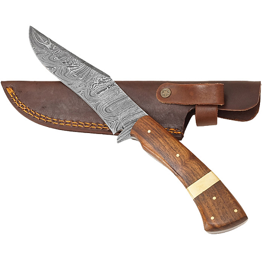 Exkluzivní nůž z damascénské oceli a fixní čepelí palisandrové dřevo s mosazným pruhem