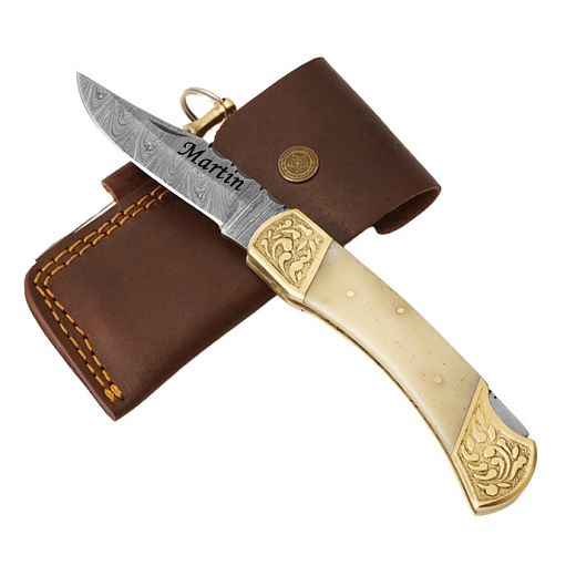 Exkluzivní nůž z damascénské oceli s mosaznou rukojetí a kostí z velblouda