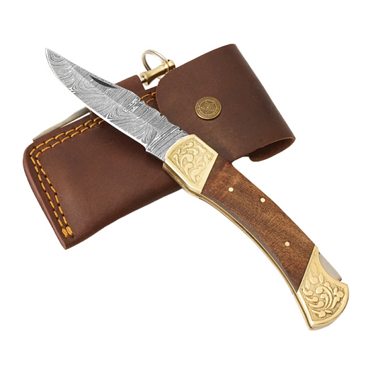 Exkluzivní nůž z damascénské oceli s mosaznou rukojetí a ořechovým dřevem