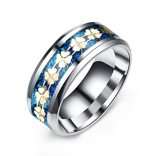 Ocelový prsten Čtyřlístek s modrými glitry