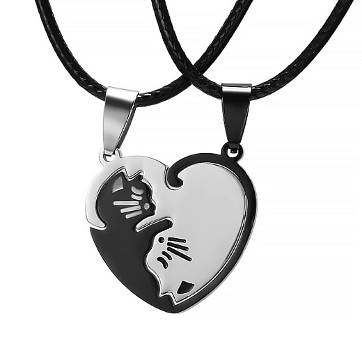 Přívěsky z chirurgické oceli půlené Kočičky Jinjang Srdce černo-stříbrné